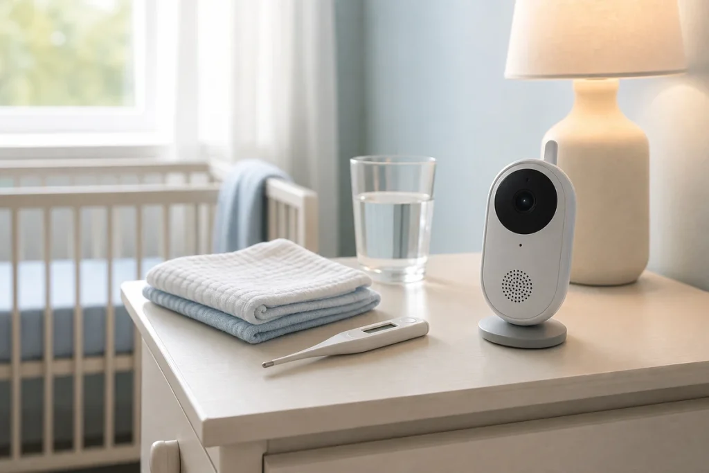 Babyphone, thermomètre et lange dans une chambre de nourrisson